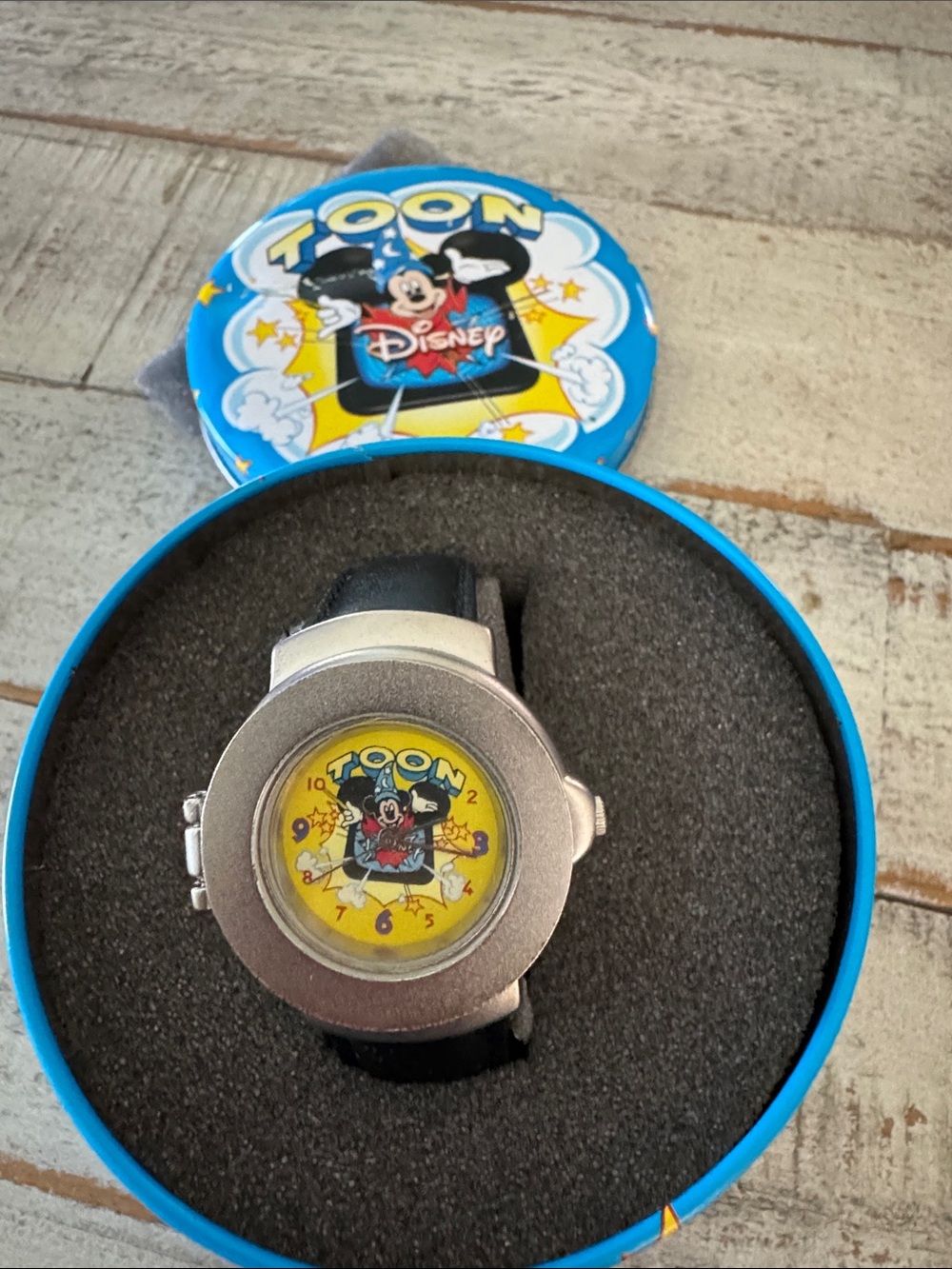 Vintage Disney Toon Mickey Mouse Yellow Dial, Black Band With Pop Out Watch